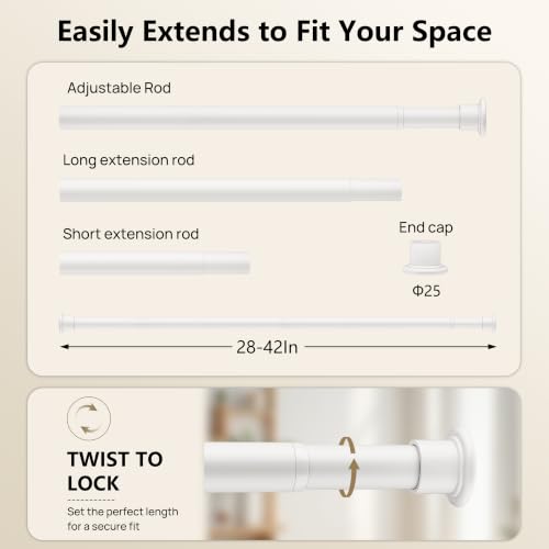 Image of Tension Curtain Rod by EZFurni, 28 to 42 Inch, Adjustable Curtain Rods No Drilling, Heavy Duty Tension Rod, Anti-Slip Spring Loaded Curtain Rods for Window, Closet, Door, White