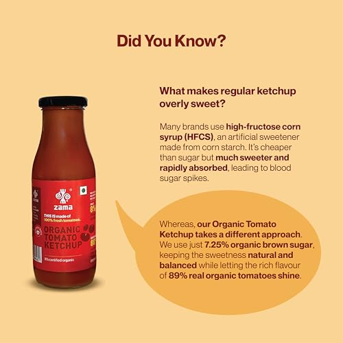Image of Zama Organic Tomato Ketchup 300g Pack of 2 Glass Bottle | Tomato Sauce | ingredients | Tomatoes | Tangy And Raw Flavour | Traditionally produced | No artificial Dyes and flavours