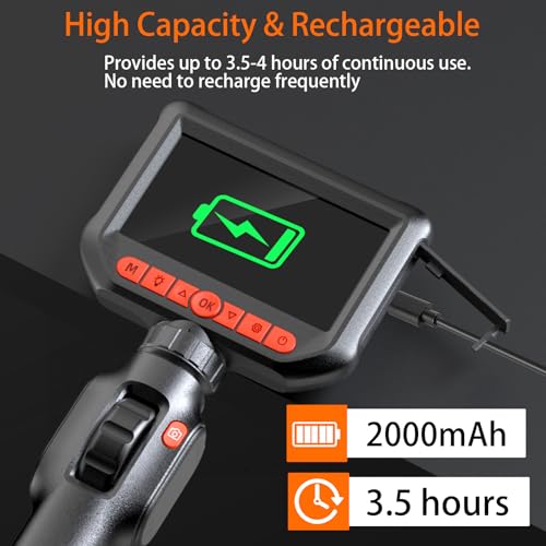 Image of Two-Way Articulating Borescope, 1080P HD Industrial Inspection Endoscope Camera with 8 LED Lights, 5ft Semi-Rigid Flexible Snake Probe, IP67 Waterproof for Automotive, HVAC, Plumbing Repair Tools