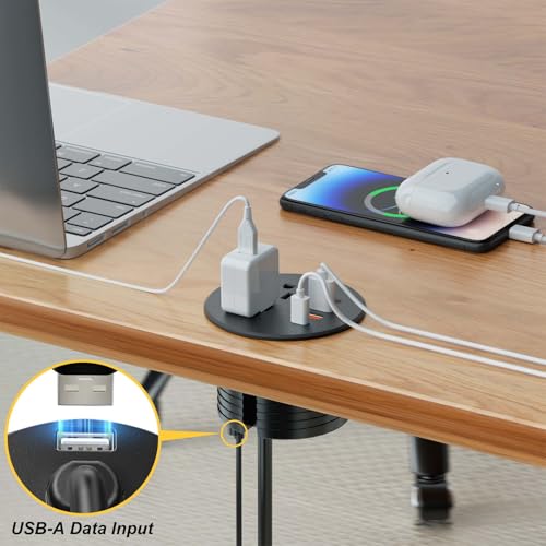 Kungfuking Desktop Power Grommet, Puerto de carga rápida 35W USB C, Multitoma empotrado para orificio de 3 pulgadas, 1 puerto de transferencia de datos, 2 tomas, 4 puertos USB, Multitoma para escritorio (Negro, cable de 1.8 metros) miniatura 4