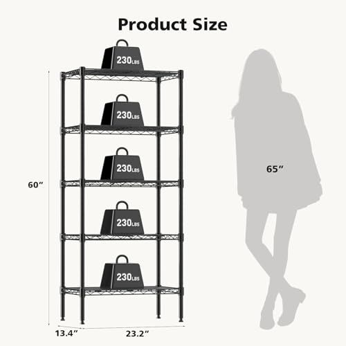Image of DUMOS 5-Tier Metal Wire Storage Shelves, Adjustable Standing Storage Rack Shelf, Heavy Duty Steel Shelving Unit Organizers for Kitchen Bathroom Pantry Garage, 23.3 inch Wx13.4 Dx60 H, Black