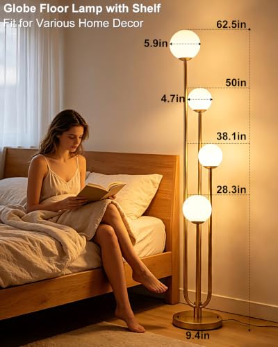 Image of Lightdot Gold Globe Floor Lamp 4-Lights Dimmable Floor Lamps 3000K Bulbs Included Unique Modern Standing Tall Lamp with 5Lbs Heavy Base for Living Room /Bedroom /Sofa Beside /Corner Decor