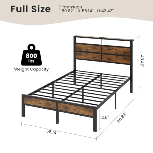 Image of Full Size Metal Bed Frame with Storage Headboard, LED Lights