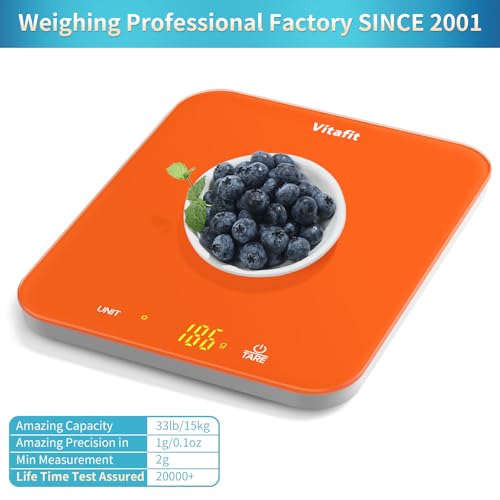 Vitafit 15 kg digitale keukenweegschaal, hoge precisie gegarandeerd door professioneel wegen sinds 2001, levensmiddelweegschaal van 1 g voor koken en koken, led-display, 3 x AAA