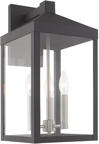 Miniatura 7 de Livex Lighting 20584-76 Nyack - Linterna de pared para exteriores de 17.5 pulgadas, tres luces, acabado gris escandinavo con vidrio transparente