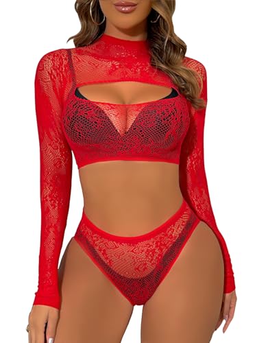 Buitifo Damen Dessous-Sets Sexy Lingerie Fischnetz Sexy Bodys Nachtwäsche(Rot 0090,Einheitsgröße)
