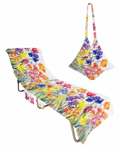 Colorful Tulip Beach Lounge Chair Towel Cover, Soft Chaise Lounge Towel with Side Pockets Patio Pool Chairs Cover for Beach/Pool Sunbathing 29x85 Spring Floral Watercolor Botanical