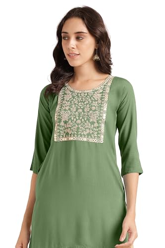 Image of MIRCHI FASHION Women's Straight Fit Rayon Sequins Embroidered and Polka Dots Printed Kurti Only