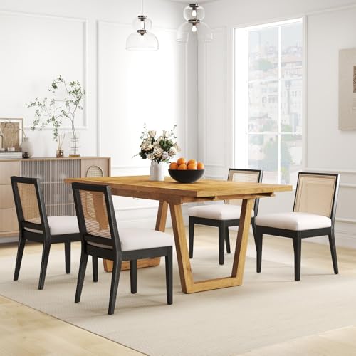 BESTANO Farmhouse Rattan Dining Chairs Set of 4 Black Wood Dining Room Chairs Rectangle Cane Country Kitchen Chairs Upholstered Dining Chair for Dining Room, Cream Linen