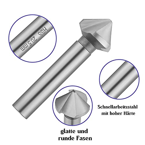 Fixinus 6 tlg Kegelsenker Satz Metall Hss, 90° HSS Senker Entgrater Set mit Titan Beschichtet und präzise Positionierbohrer für die Bohrung von Brett Dämmplatte - 6.3/8.3/10.4/12.4/16.5/20.5mm