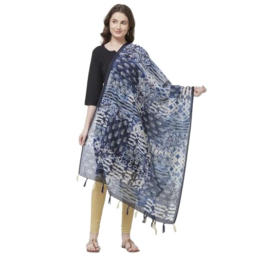 Navy Blue and Off White color Paisley Ethnic Digital Print Chanderi Silk Dupatta For Women - Main Image