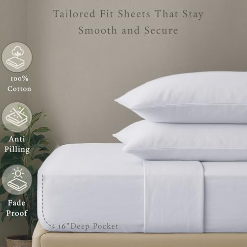 Threadmill 100% Cotton Hypoallergenic/Breathable/Stain-Resistant, 500 Thread Count, Solid 4-Piece Bed Sheet Set (1 Flat, 1 Fitted Sheet, 2 Pillow Covers), Queen White Sheets Set by Threadmill - Image 4
