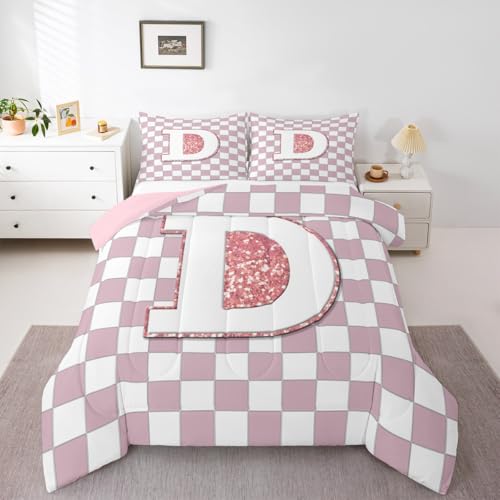 Image of Erosebridal Pink Initial D Kids Comforter Sets Kawaii Plaid Checkered King Bedding Set for Girls Teen Women Cute Personalized Monogram Comforter Set,Fashion Grids Gingham Quilt Duvet 3 Pcs