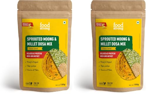 Image of Foodstrong Sprouted Moong Instant Chilla /Dosa Mix with the Goodness of Millets, Healthy Delicious Breakfast, 22 g Protein, 5 g Fibre, Easy to Digest, 150 g (Classic Salted) (Pack of 2)