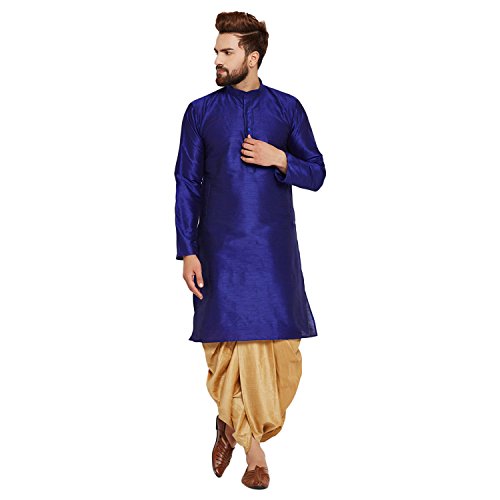 Image of SOJANYA (Since 1958 Men's Off-White and Gold Dupion Silk Dhoti Kurta Set