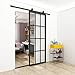 JUBEST Double Barn Door 72 x 84 in with 13FT Top-Mounted Hardware Kit, 2 Sets of 36x84 in Clear Tempered Glass Aluminum Black Frame Barn Door, Easy Assembly