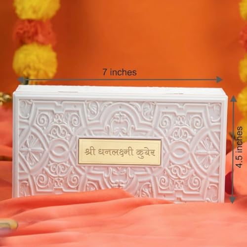 Image of Pocket Temple for Wedding Gift, Housewarming Gift & Pooja Room Decor | Gold Plated Photo Frame with Charan Paduka - 8 Inches (Laxmi Kuber - Double Decker - White)