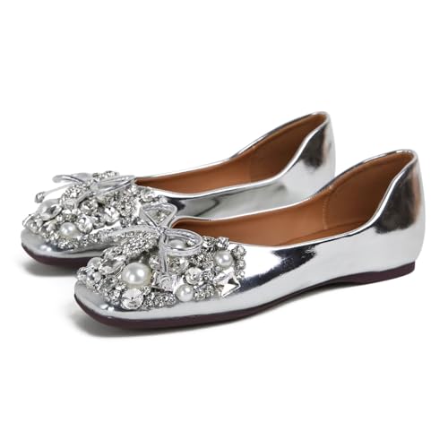 SAILING LU Womens Rhinestones Square Toe Ballet Flats Dressy Comfortable Flat Shoes Wedding Elegant Slip-Ons for Women