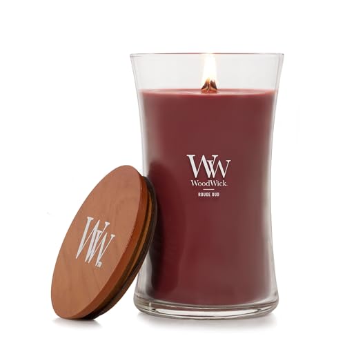 WoodWick Rouge Oud Scented Large Hourglass Candle, Crackles as it Burns, Up to 120 hrs Burn time, Perfect for Gifting, 21 oz
