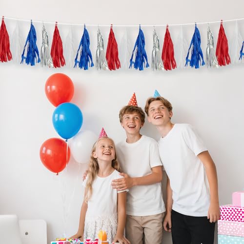Image of 4th of July Decorations Tassel Garland - 10FT Red White Blue Silver Fringe Banner, No DIY Tissue Paper banner for Independence Day, America Patriotic Party,Memorial Day,Labor Day