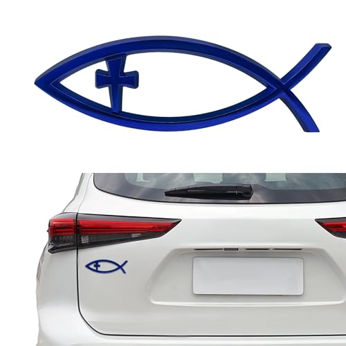 Image of Christian Cross Fish Auto Emblem, Jesus Fish Car Emblem, Weatherproof Christian Symbol Ichthus Cross Decal, Chrome Sliver Badge Bumper Stickers Car Accessories Fit for Most Vehicles (Blue)