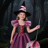 HarnyLoom Witch Costume Kids Girl Witches Dress Princess Outfit Scary Purple Hat Brooms Party Cosplay Carnival Fancy Dress (Rose Red, 130 (7-9 years)) - Image 6