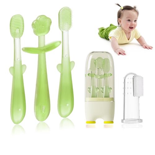Image of FOKiiBO Baby Silicone Toothbrush Set, Tongue Brush + Finger Toothbrush with Cup for Training Teething, 0-18M Infant Toddler Newborn Baby Teeth Brushes