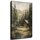 Rustic Log Cabin Wall Art, Pine Tree Forest Wall Art, Cabin in the Woods Wall Decor, Woodland Evergreen Forest Framed Poster Ready to Hang (Framed,12×18-inch)
