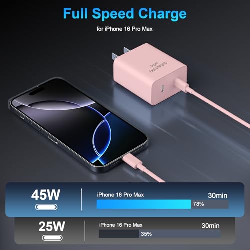 Image of iPhone 17 16 15 Charger Fast Charging, 45W Dual USB C Android Phone Charger Block with 6FT Long Type C Cable Cord for Apple iPhone 17 /Pro /Pro Max /Air /16 /15 Plus /iPad /S26 Ultra /S25 /S24 /S23 /S22(Pink)