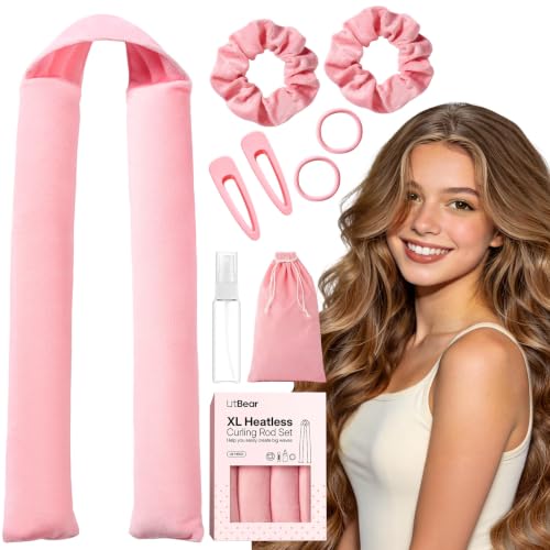LitBear Jumbo Heatless Curls Overnight Set for Long Thick Hair, Pink