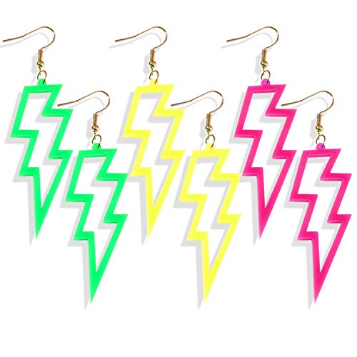Damleng 3 Pairs Fashion Neon Fluorescent Retro Lightning Dangle Earrings 80S Costume Neon Drop Earrings For Women Girls (Yellow+Green+Rose Red) #TOP7
