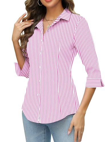 HOTOUCH Women Vertical Striped Shirt 3/4 Sleeve Pink Striped Button