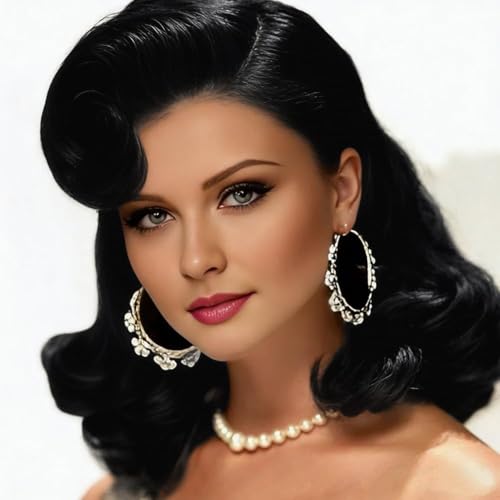 Image of Swiking Black Curly Vintage Wig for Women 1950s Hollywood Big Wave Wig Retro Victory Rolls Synthetic Wig for Halloween Cosplay Daily Wear