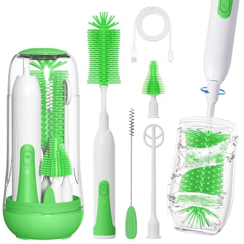 Image of Electric Baby Bottle Brush, Rechargable Electric Bottle Brush Cleaner for Travel, Portable Baby Bottle Cleaner Brush Set with Silicone Bottle Brush, Nipple Brush, Straw Brush(Vintage Green)