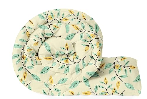 Image of HOMEKART 220 GSM Premium Reversible Microfiber AC Comforter for Single Bed | Soft, Lightweight & Breathable All-Season 3-Layer Quilted Blanket (150 cm x 225 cm, Floral, Beige & Green)