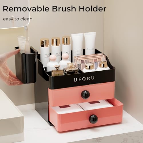 Image of UFORU Makeup Organizer for Vanity with Brush Holder, Countertop Skincare Organizer with 2 Drawers, Spacious Cosmetic Display Case for Perfumes, Eyeshadow Palettes, Nail Polishes