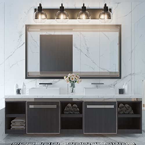 Image of Tipace Bathroom Light Fixtures,4-Light Matte Black Vanity Light,Modern Wall Sconces with Clear Glass Globe Shade,Bathroom Vanity Lighting for Mirror Kitchen Bedroom Hallway(Exclude Bulb)