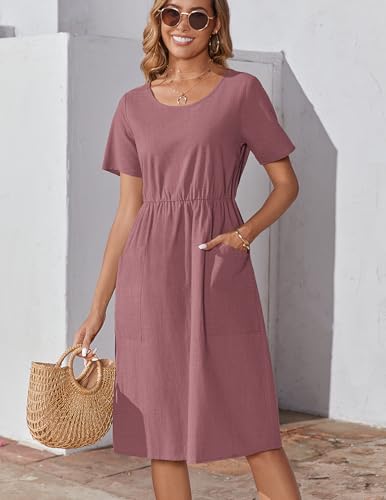 Image of Zeagoo Summer Ethnic Dress Short Sleeve Floral Summer Midi Dress Hawaiian Dresses A-Line Gauze Modest Dress with Pockets,Red,S