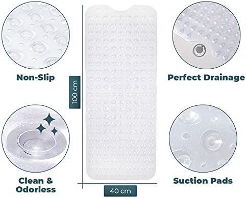 House Dock Non-Slip Bath Mat Clear (100*40 cm) Anti-Bacterial and Mildew Resistant Shower Mat for Bathroom and Bathtub Strong Rubber Mat with Suction Cups and Drain Holes Machine Washable