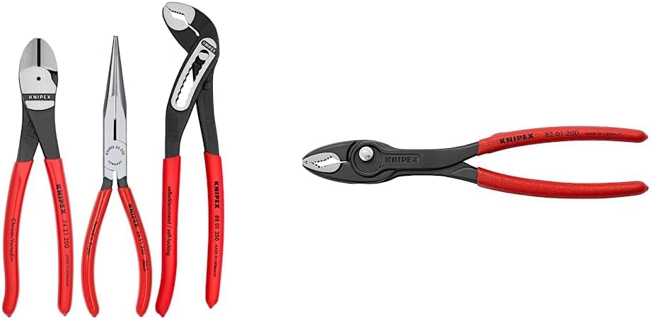 KNIPEX Tools 00 20 08 US1 Long Nose, Diagonal Cutter, and Alligator Pliers 3-Piece Tool Set, Red (Packaging May Vary) and KNIPEX TwinGrip Pliers