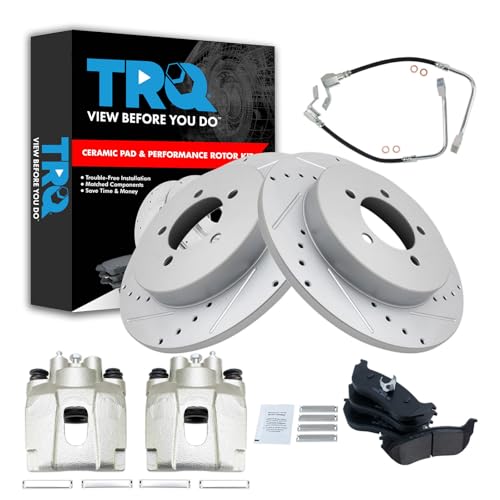 Image of TRQ Performance Rear Brake Pad and Rotor Set Ceramic Drilled Slotted Coated Calipers Compatible with 2002-2005 Ford Explorer Mercury Mountaineer
