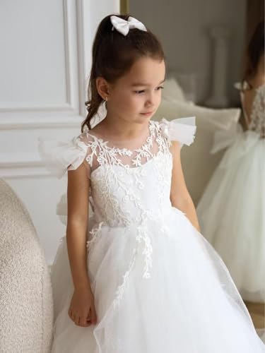 Lace Applique Flower Girl Dress for Wedding Sparkle Tulle Bow Knot Ball Gowns Long Pageant Ceremony Long Dress TJ212