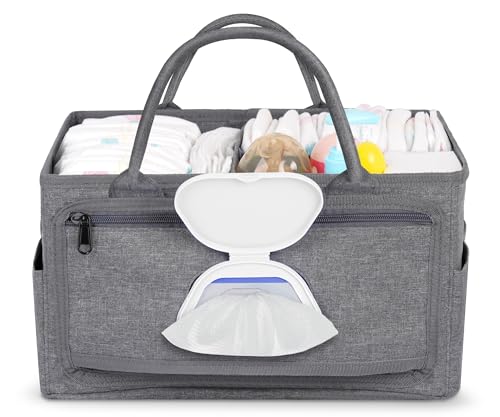 Volnamal Diaper Caddy with Wipe Dispenser One-Handed Access, Premium Diaper Organizer, Portable Car Organizer Nursery Basket for Newborn Essentials, Baby Registry Must Haves for Boys & Girls,Grey
