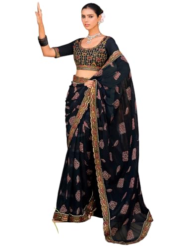 Image of Satrani Women's Georgette Bandhani Printed Sequence Lace Work Scalloped Border Saree with Unstitched Blouse Piece
