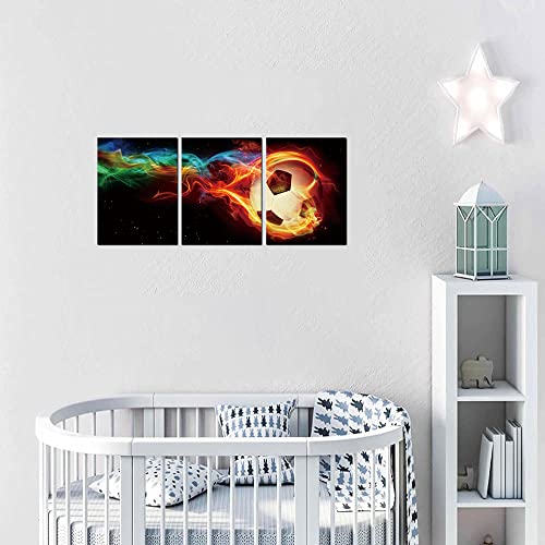 Sport Boy Room Wall Art Multicolor Flame Soccer Artwork Canvas Poster Print For Playroom Wall Decor Framed Colorful Football Picture Dormitory Nursery Kids Room Décoration 12X16Inch #TOP5