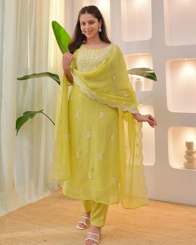 Image of LookMark Women's Chanderi Chikankari Kurta Set with Dupatta Kurti with Pants Ethnic Traditional Outfit