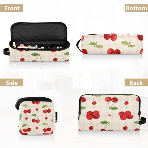 Bolso de viaje para herramientas de cabello para mujer con tapete térmico removible resistente al calor, impermeable, organizador de viaje para planchas, rizadores y secadores de cabello, con diseño de cereza fresca y patrón rosa a cuadros miniatura 5