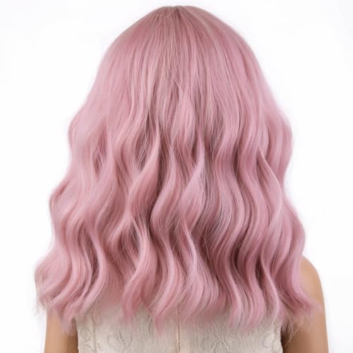Image of PATTNIUM Pink Wig for Kids with Bangs Girls Short Curly Wavy Wig Child Light Pink Synthetic Hair Wigs