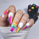 Tyuimhx Back To School Press on Nails Medium Almond Fake Nails Matte False Nails With Pencil Graffiti Designs Full Cover Stick on Nails Acrylic Artificial Nails for Women Girls Glue on Nails 24Pcs