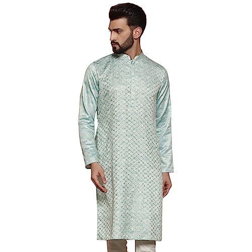 Image of KISAH Men's Navy Blue Printed Cotton Kurta - Regular Fit Long Tunic with Mandarin Collar | Ethnic Wear for Weddings & Festive Occasions
